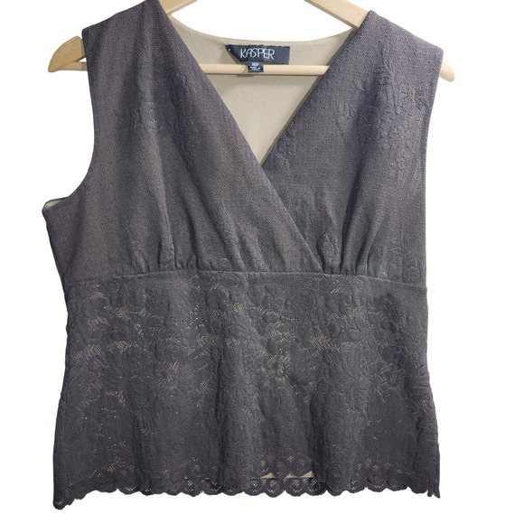 Kasper Women's Sleeveless Lace Top Petite 16P Gray Lined‎ V-Neck - Picture 1 of 9